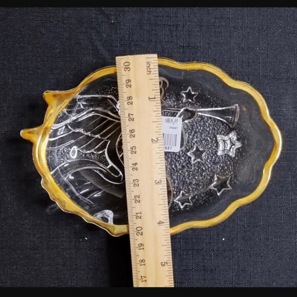 Vintage MIKASA Holiday Angel Song Gold Trim Clear Glass 6" Trinket Candy Dish - Picture 6 of 6